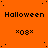 Orange background with repeated 'Halloween' text and '*08*' symbols in black, scattered dots, gray rectangle on right edge.