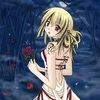 Static anime-style icon of a blonde girl with red eyes holding a rose against a blue background with floating petals.