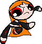 Pixelated cartoon character with orange hair and black-and-orange outfit, shown in two sequential poses against gray background.
