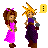 Pixel art animation of two characters: a girl in pink dress and boy with spiky hair, showing interactions like holding flowers and hugging.