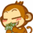 Pixelated cartoon monkey with brown fur, closed eyes, pink cheeks, and green foliage in its mouth. The character has a rounded head, small ears, and a curled tail visible on the right side.