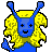 Pixelated blue creature with yellow mane, black cross eyes, and open mouth smiling; two blue horns extend upward from head against gray background.