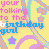 Pixelated birthday-themed animation with repeating text and shapes on a yellow background.