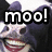 Pixelated image of a cartoon animal face with a wide grin, wearing a dark hat, overlaid with bold black-and-white text reading "moo!" against a dark background.