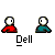 Pixelated cartoon figures in red and teal shirts with white faces, some holding speech bubbles containing text like "DUDE YOU'RE" and "GETIN' SUM", all labeled "Dell".