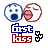 Pixelated cartoon heads with blue and red outlines kiss, text reads 'first Kiss' in stylized font above three small hearts.