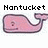 Pixelated pink whale with dark outline and curved tail, positioned below black pixelated text reading 'Nantucket' on white background.