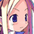Pixelated anime-style close-up of a character's face with pink skin, purple hair, and blue eyes on a light background.