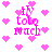 Pixelated pink text "i luv tolo macb" surrounded by pink hearts on white background, with animated heart and text changes.