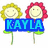 Pixelated flower icons with smiling faces hold blue text banners reading KAYLA, AND, TAYLOR, BFFS, FOREVER against a white background.