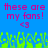 Blue background with pink pixelated text reading 'these are my fans!' and '<3' below, green pixelated shapes at the bottom.