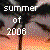 Pixelated image with 'summer of 2006' text over a sunset scene featuring palm trees and gradient sky colors.
