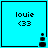 A cyan square icon with 'louie' text and '<33' symbol, featuring a small black pixel-art figure with a plus sign above it in the bottom-right corner.