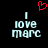 Pixelated text 'I love marc' in light blue with a red heart symbol above, displayed on a black background.