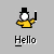 Pixelated character in yellow shirt and black top hat holding a microphone, with text labels below each frame showing sequential phrases.