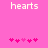 Pixelated pink background with white 'hearts' text at top and two of pixelated hearts below, each showing a different animation sequence