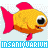 Animated pixel art fish with yellow body, red fins, and black eye, swimming left to right across light blue background.