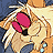 Pixelated character with long blonde hair wearing a pink top and blue pants, holding a small object against a blue and beige background.