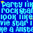 Blue background with repeating light blue text patterns and scattered yellow stars, featuring partial words like 'party', 'rock', 'look', 'star', 'mistake' in a pixelated style.