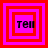 Four square display the word 'tell' in black pixelated text over layered red and pink borders, with varying border thicknesses and background colors