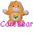 Pixelated cartoon bear with outstretched arms, wearing colorful patterned clothing, standing above stylized purple text reading "Care Bear" on a light checkered background.