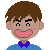 Pixelated cartoon avatar with brown hair, blue shirt, purple bow tie, and pink cheeks showing two expressions: one with closed eyes and the other with open eyes.
