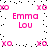 Pixelated pink text and symbols on white background with scattered black dots, repeating 'Emma Lou' and 'xoxo' in multiple arrangements.