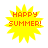 Four identical yellow starburst-shaped icons with red text reading HAPPY SUMMER! arranged in a on white background