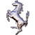 Pixelated static image of a rearing horse with blue and white body, brown limbs, and dark mane against gray background.