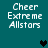 Teal background with white pixelated text 'Cheer Extreme Allstars' and black heart symbols in different positions across frames.