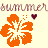 Pixelated orange flower with white center, dark purple heart, and stylized text above on light background.