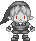 Pixel art character with silver hair, red eyes, and dark clothing in two poses against gray background.
