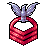 Pixel art icon of a red bandana with a silver bird perched on top against a gray background.