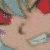 Pixelated anime-style character with light blue hair and red eyes in three distinct poses showing facial expressions and partial body views.