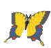 Animated butterfly with yellow, blue, red, and gray wings in a of nine showing wing position changes