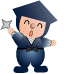 Two pixelated cartoon figures in blue graduation gowns and caps, one holding a star with an open mouth expression, the other smiling.