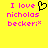 Yellow background with pink pixelated text reading "I love nicholas becker;*" and a black heart symbol, displayed in two identical side-by-side
