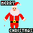 Pixelated Santa Claus in red suit with white trim, yellow belt buckle, and black buttons stands against light blue background; text above reads MERRY, below CHRISTMAS.