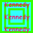 four identical square with green outer borders, cyan inner squares, and repeating red 'Kennedy' text across all layers