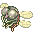 Pixelated bee-like creature with green body, pink accents, and yellow wings in a of showing wing position changes