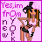 Pixel art buddy icon featuring a cartoon woman with long brown hair, green eyes, and a black witch hat against a pink background with purple text reading "Yes,im from NYork".