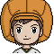 Pixel art character with orange helmet, transitioning through multiple states including full-body view, head-only views, and animal-like avatar forms.