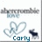 Pixelated static image with light blue hearts, a dark blue pin-like shape, and the name 'Carly' in blue block letters on white background.