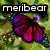 six pixelated images featuring a purple butterfly, a starry sky, a rose, and a person with purple hair, each labeled 'meribear' in black text