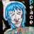 Animated icon of a character with blue hair and closed eyes, wearing a green patterned top with an orange bow, against a black background with vertical white and blue pixelated lines.