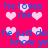 A static image with a bright pink background displays repeated blue text phrases and white heart symbols