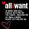 Black background with repeated white text 'alliwant' and red heart symbols, each text block containing a poem about cuddling on a couch.