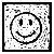 A black-and-white animated sequence of a circular face with changing mouth expressions, from closed smile to wide grin and toothy grins.