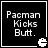 Four identical black square with white text "Pacman Kicks Butt." and a Pac-Man ghost icon in the bottom-right corner of each