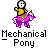 A 3x3 contact sheet of pixel art frames showing a mechanical pony animation with a stick figure rider, each frame labeled "Mechanical Pony" below the icon.